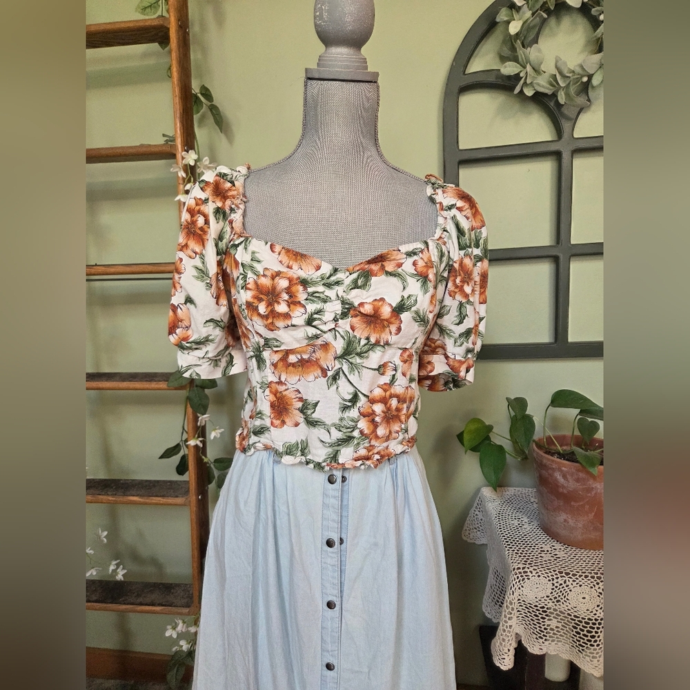 Floral Puff Sleeve Linen Top